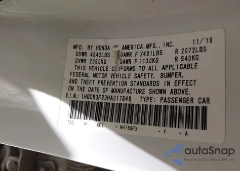 2017 Honda Accord Touring V6 from USA, damaged, VIN 1HGCR3F93HA017649